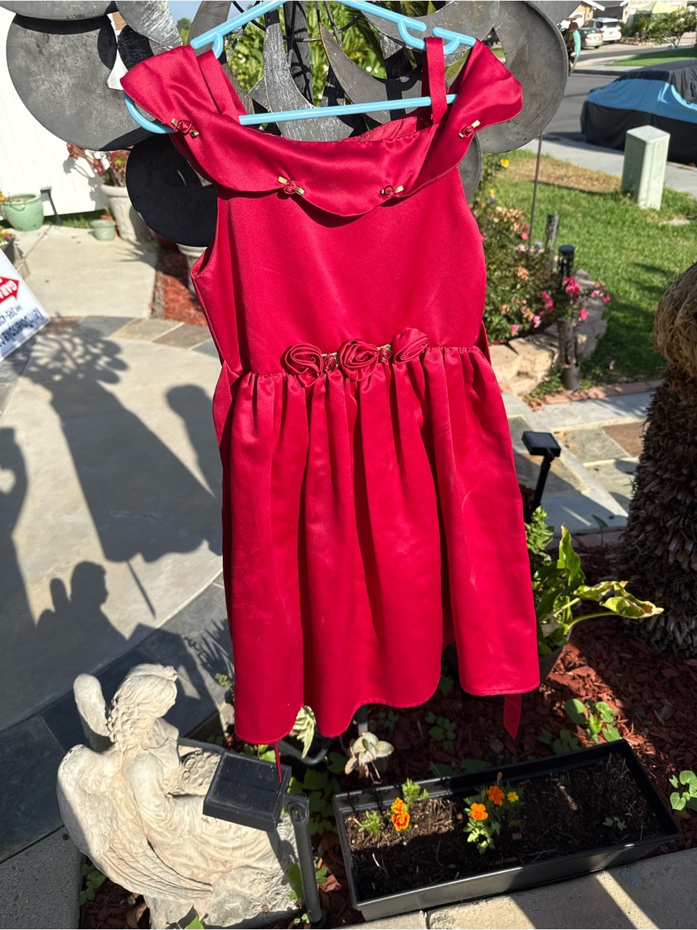 Girls' Red Satin Party Dress with Rosette Waist